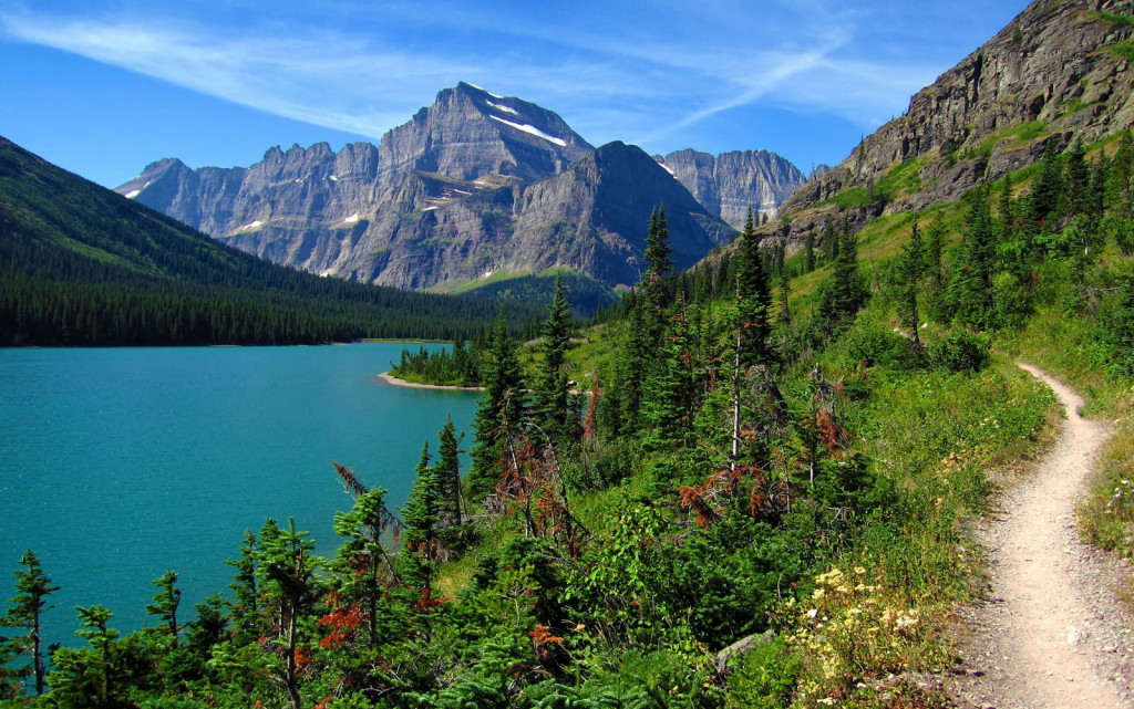 A narrow hiking path lined with wildflowers above a deep aqua blue lake.