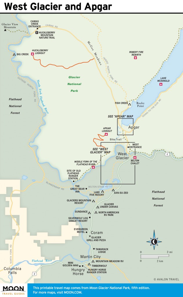 Travel map of West Glacier and Apgar