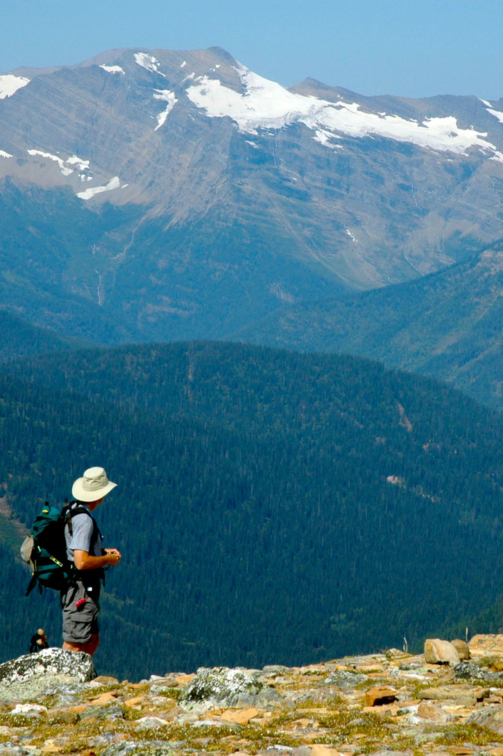 A hiker stands with an impressive backdrop of Glacier National Park's mountains.