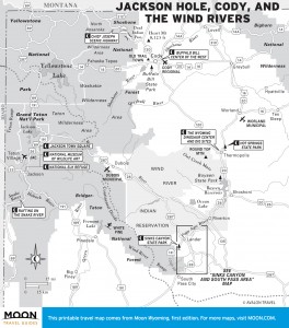 Travel map of Jackson Hole, Cody, and the Wind Rivers in Wyoming