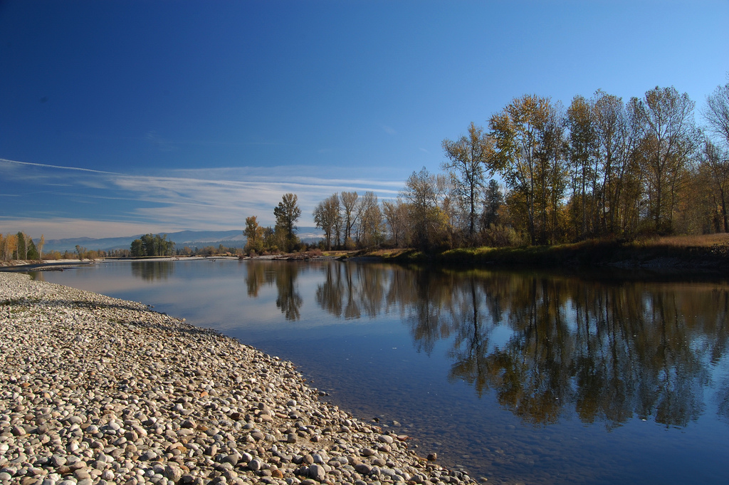 Trees reflect in the still surface of the water and smooth rocks make up the bank curving in the foreground.