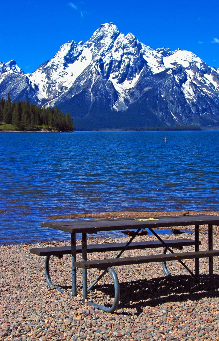 A picnic table on a pebbled shore next to a deep blue lake in Grand Teton National Park