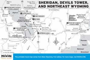 Travel map of Sheridan, Devils Tower, and Northeast Wyoming
