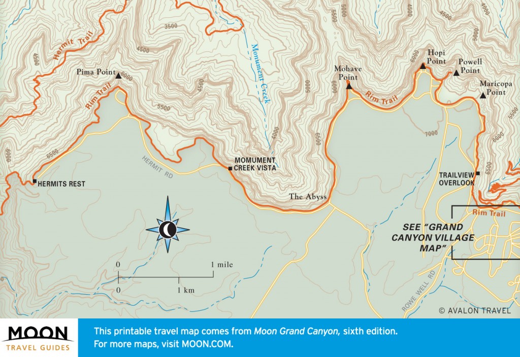 Travel map of West Rim and Hermit Road in the Grand Canyon