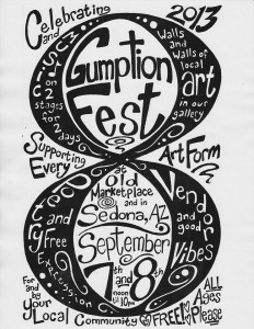 A hand drawn promotional poster featuring a large 8 with Gumption Fest and event details fit into the negative space.