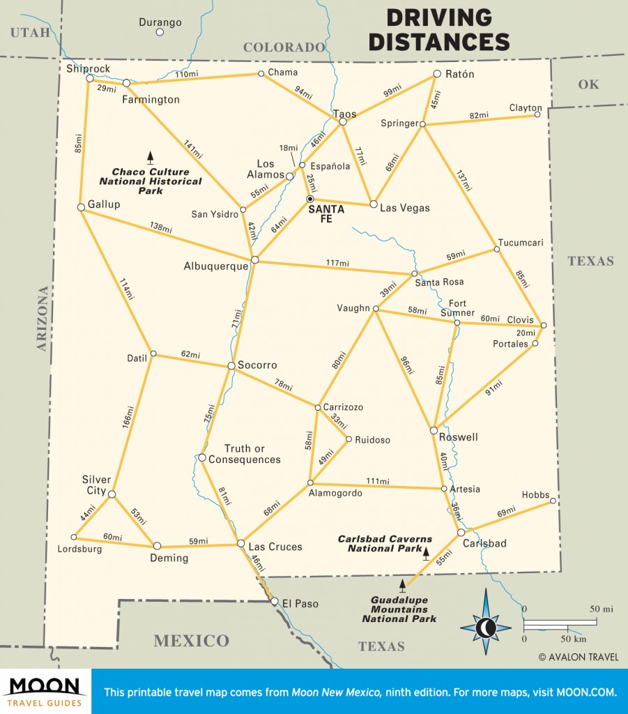 Travel map showing Driving Distances in New Mexico