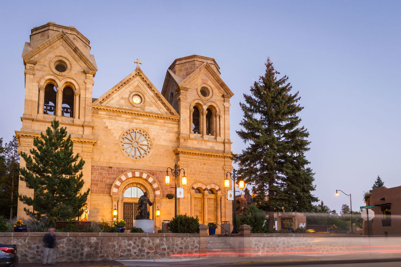 The front of Santa Fe's Basilica of St. Francis of Assisi.