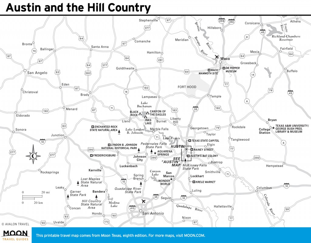 Travel map of Austin and the Hill Country in Texas