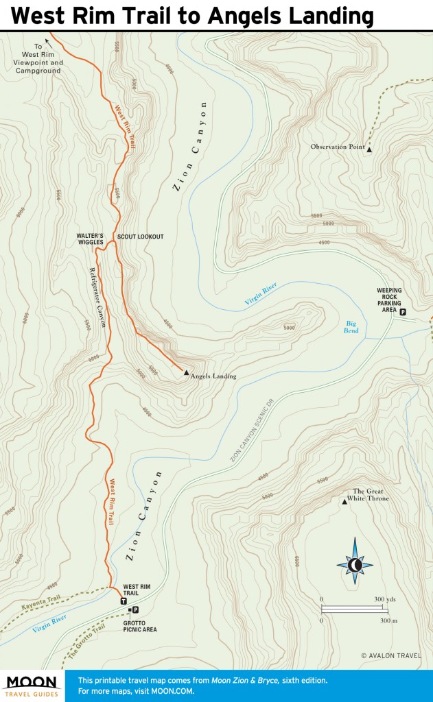 Trail map of West Rim Trail to Angels Landing in Utah