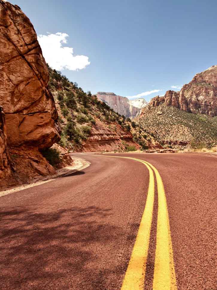A road curves through Zion National Park's stunning rocky landscape.