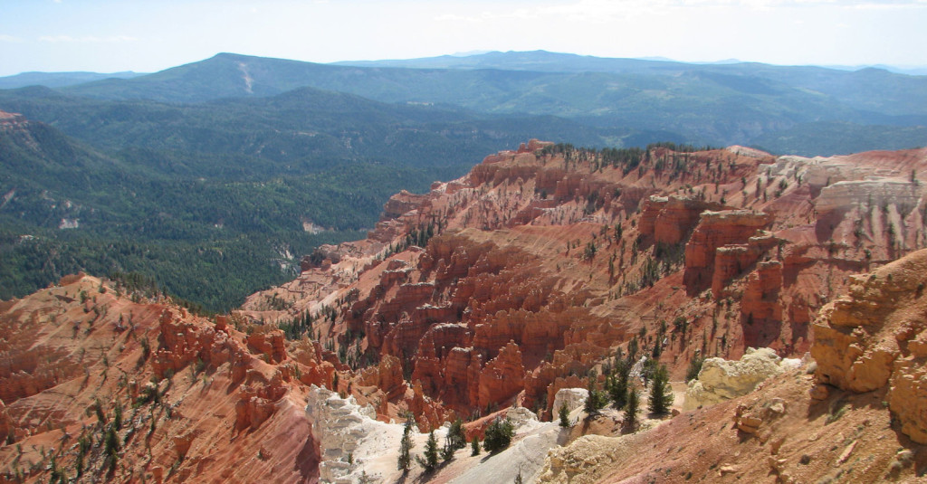 Scenic view of the reddish hue of the rugged pinnacled walls of Cedar Breaks.