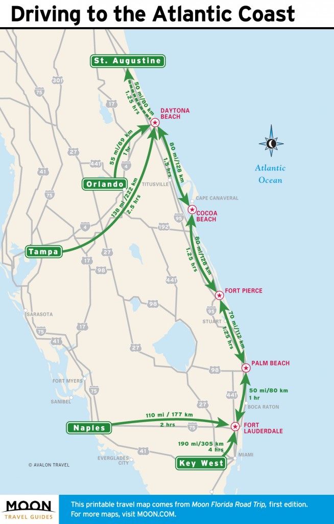 Travel map of Driving Distances to the Atlantic Coast of Florida