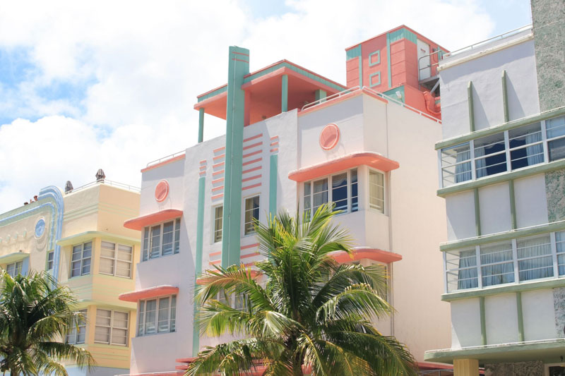 Multi-story art deco buildings in pastels in Miami's South Beach.