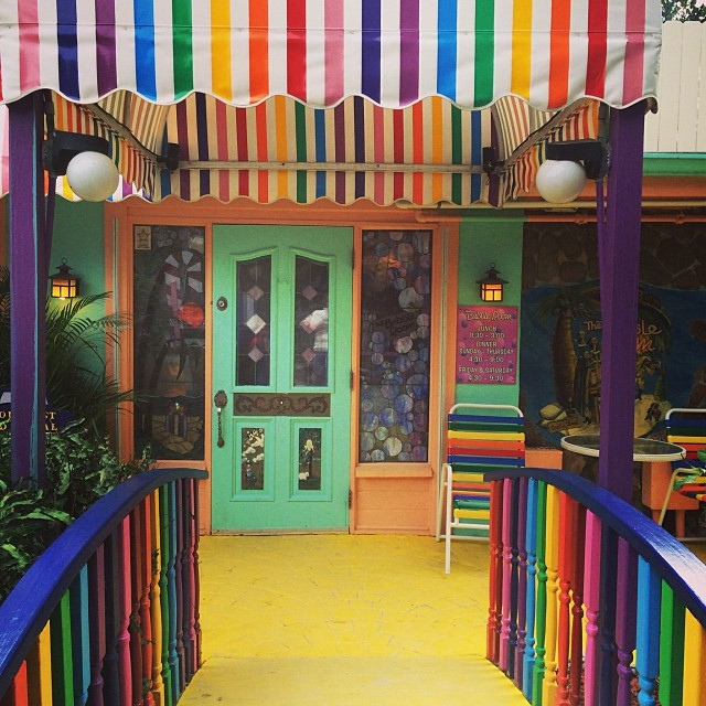 The colorful entrance to the Bubble Room in Captiva, Florida.