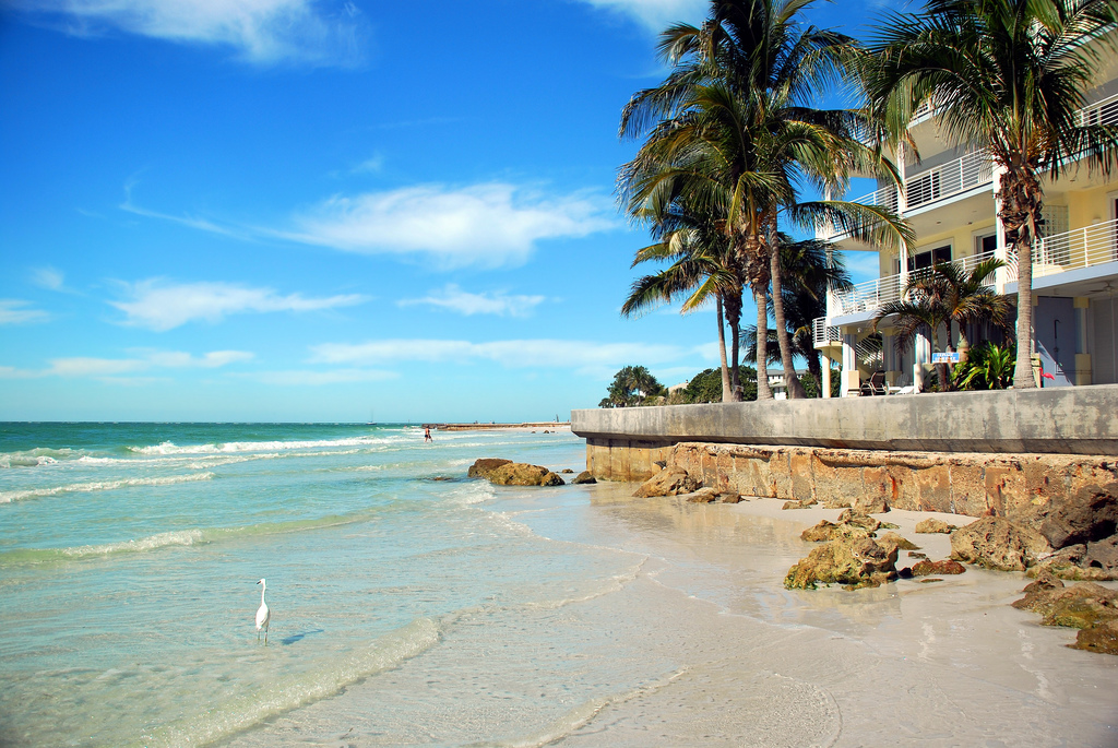 An egret walks through shallow lapping waves near a beachfront building.