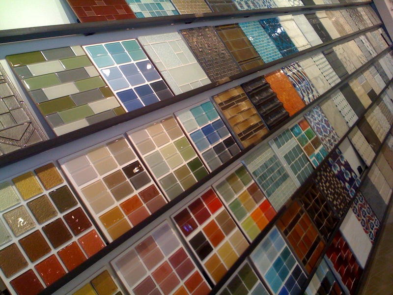 Colorful tile sets ranging from glossy to rough stone are on display.