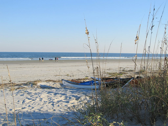 Kayaks resting on the beach on Cumberland Island.