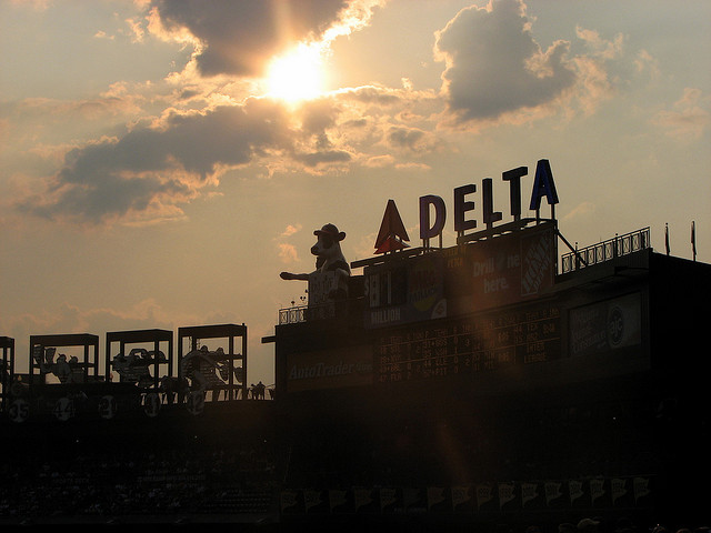 The sun and clouds over Turner baseball field in Atlanta, Georgia.