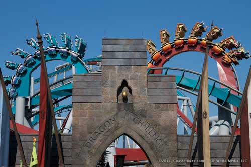 The dual tracked Dragon Challenge roller coaster in action.