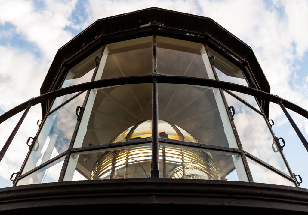 Looking up into the complex prism of glass that makes up the lamp room at Currituck Beach Lighthouse.