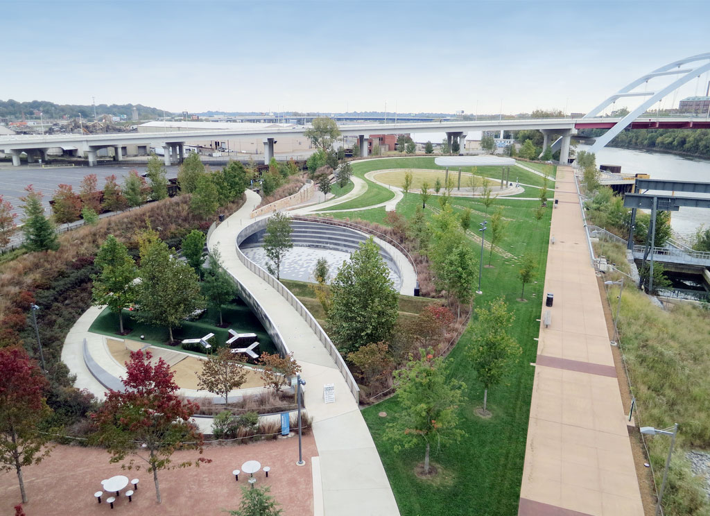 View of some of the paved trails and public areas along the waterfront in Cumberland Park.