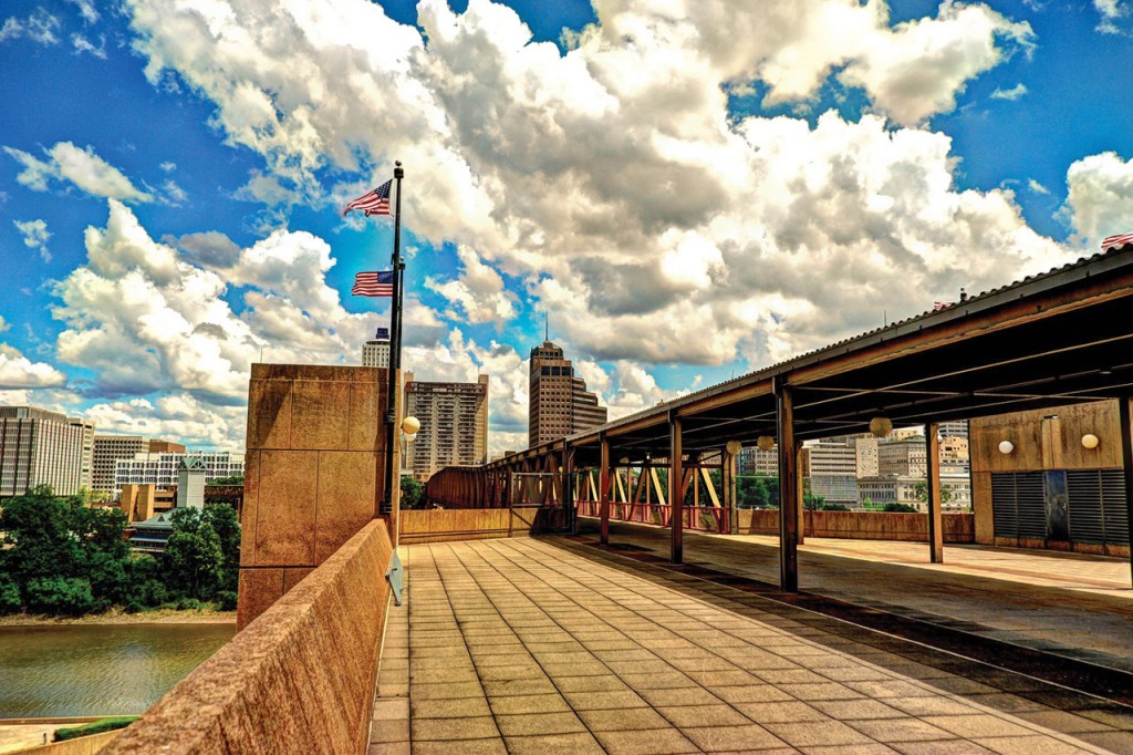 Memphis's skyline is visible beyond a pedestrian courtyard just off the river.