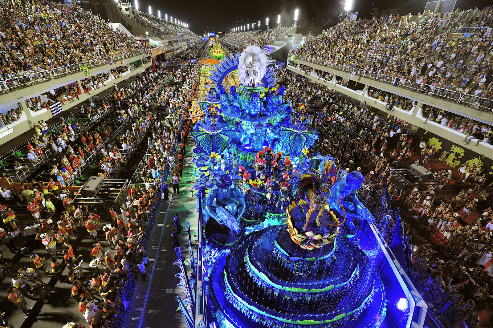 A samba school parading in Rio's Sambadromo 