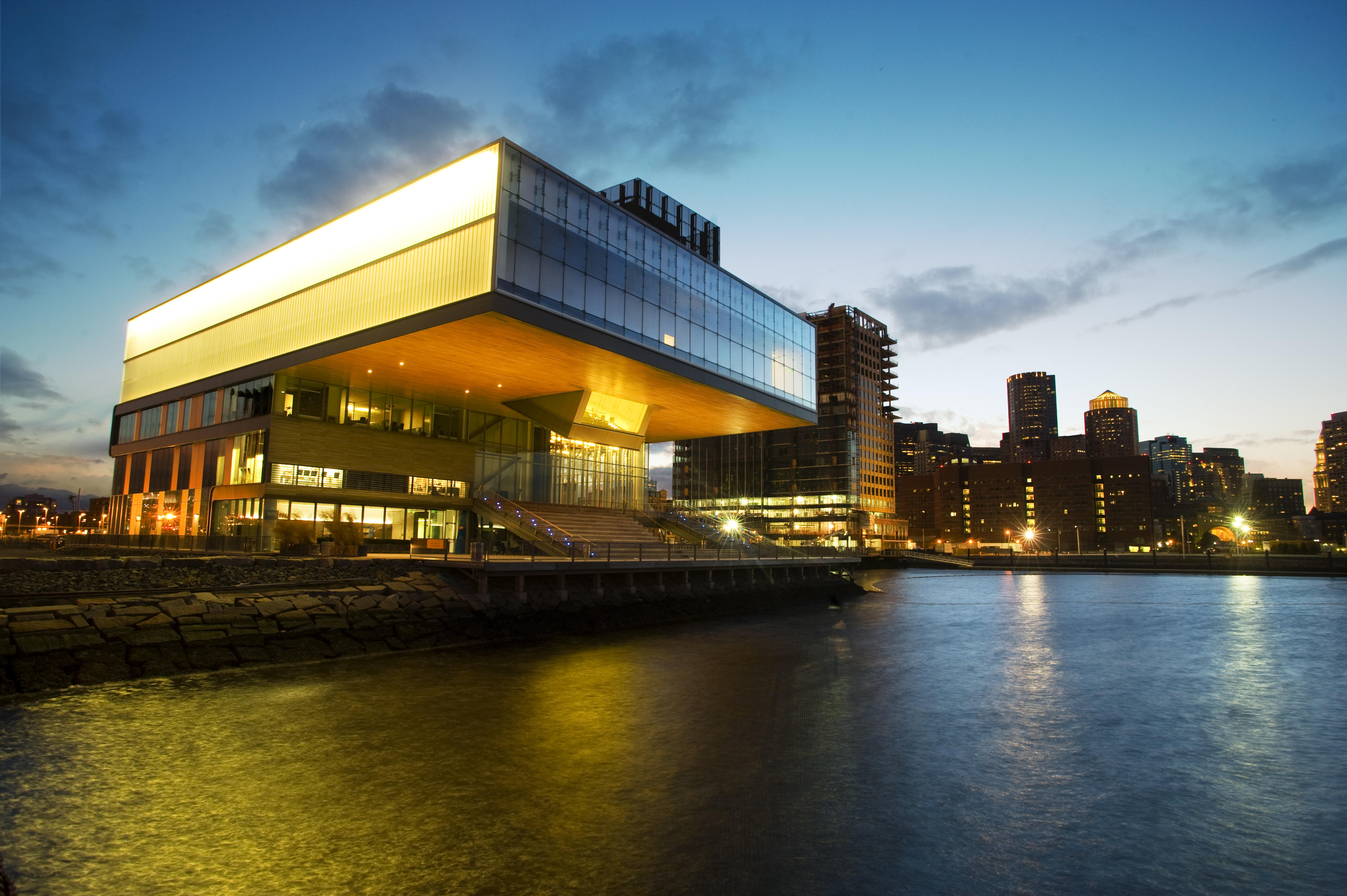 An evening view of the Institute of Contemporary Art in Boston.