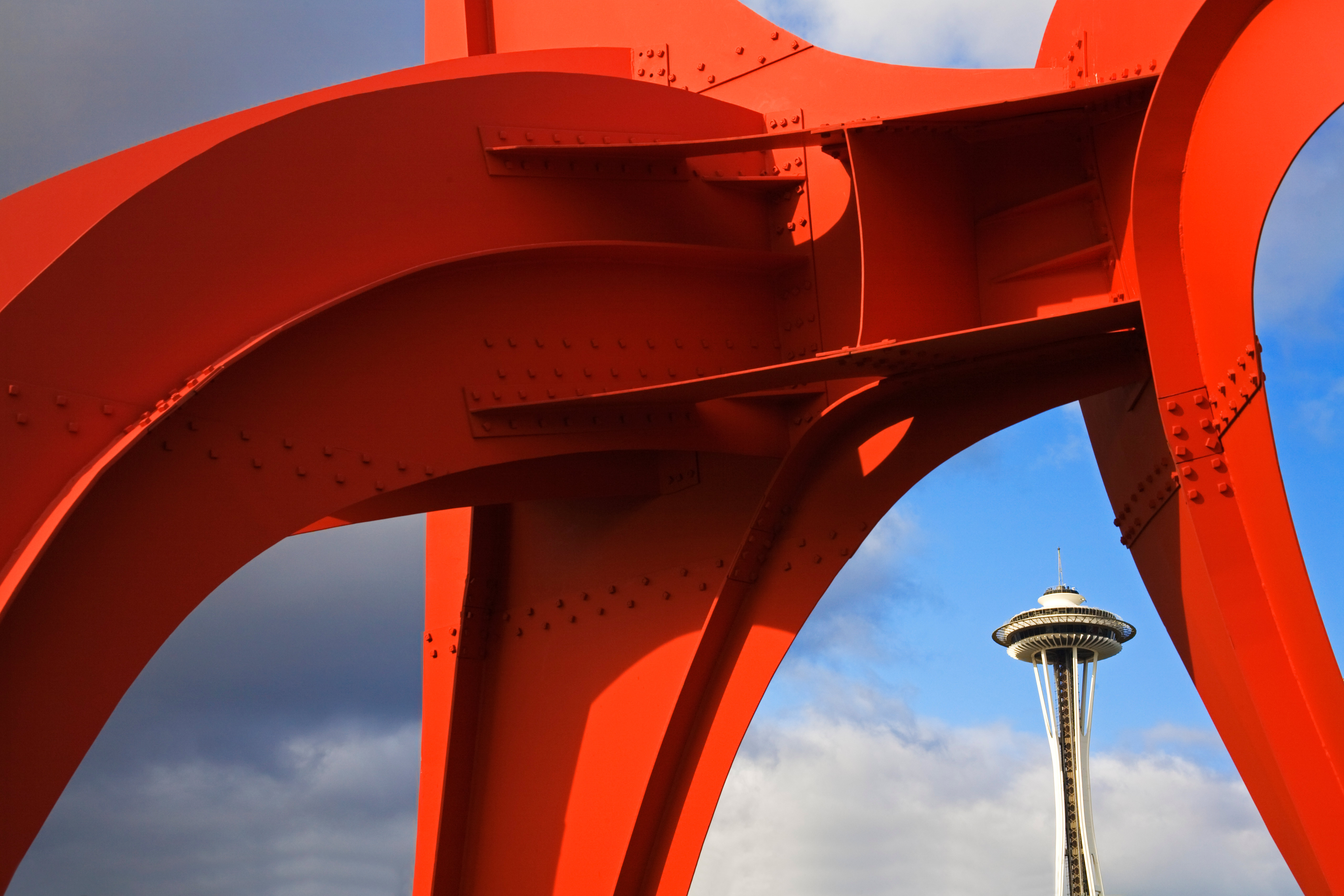 The Eagle with the Space Needle in the background at Olympic Sculpture Park. Image by Richard Cummins / Getty