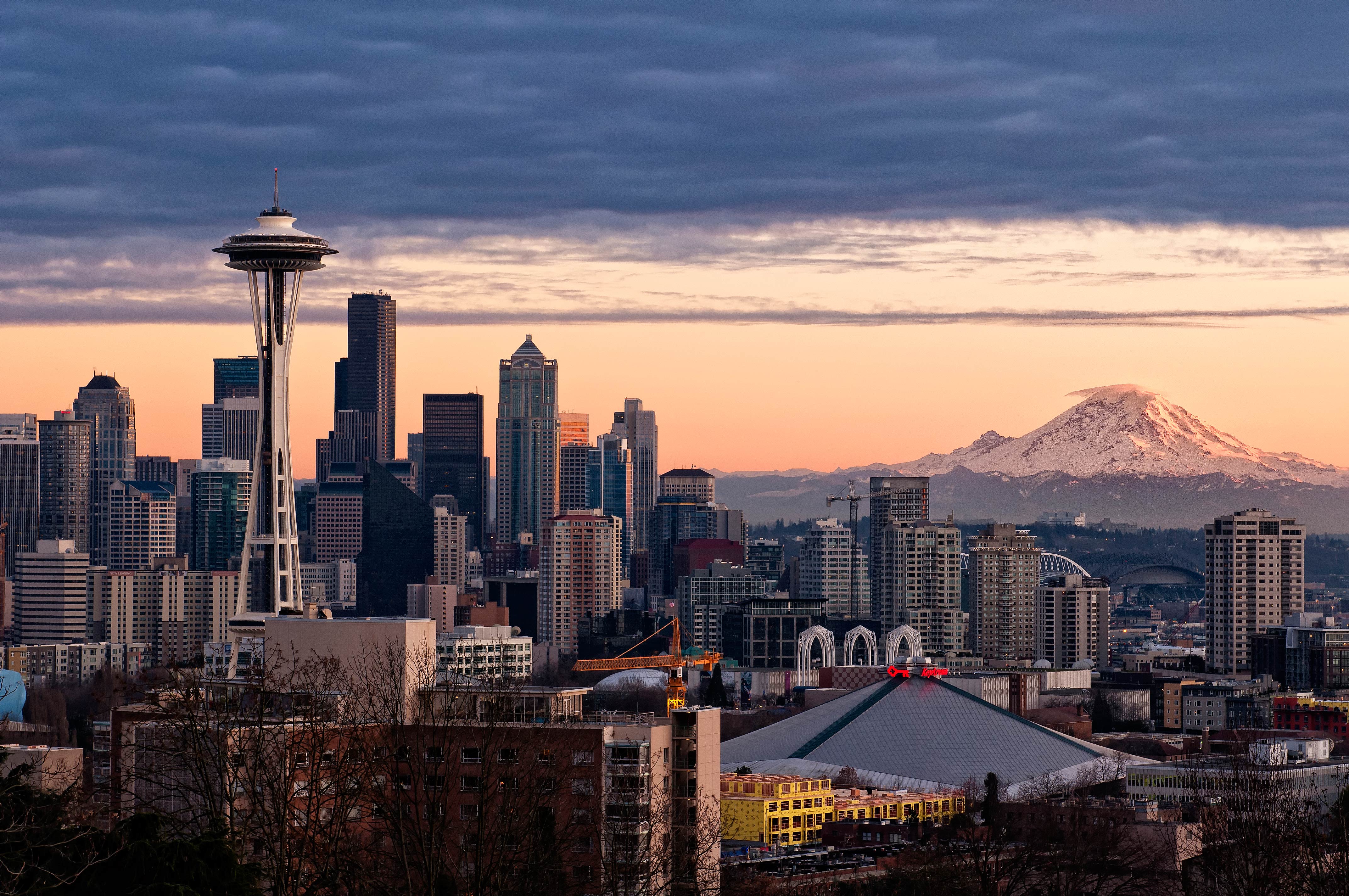 The Seattle skyline with Mt. Rainier in the distance. Image by Aaron Eakin / Getty