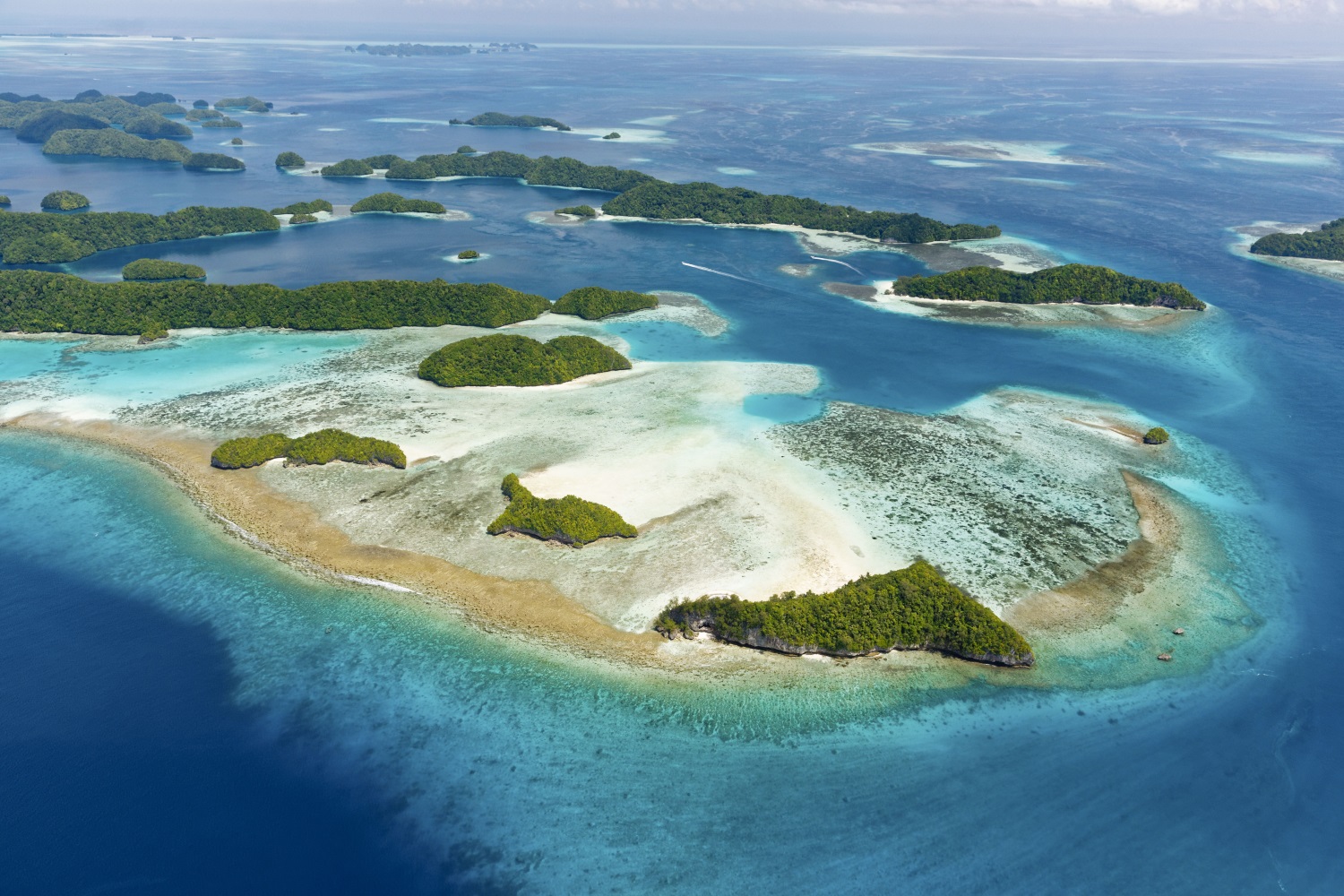 Aerial view of the islets and reefs of the Rock Islands, Palau