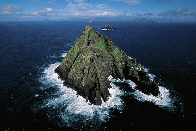 An aerial view of Skellig Michael with Little Skellig in the distance.