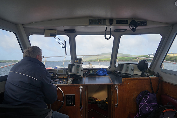 Inside the cabin of a boat on its way to the Skellig Islands. 