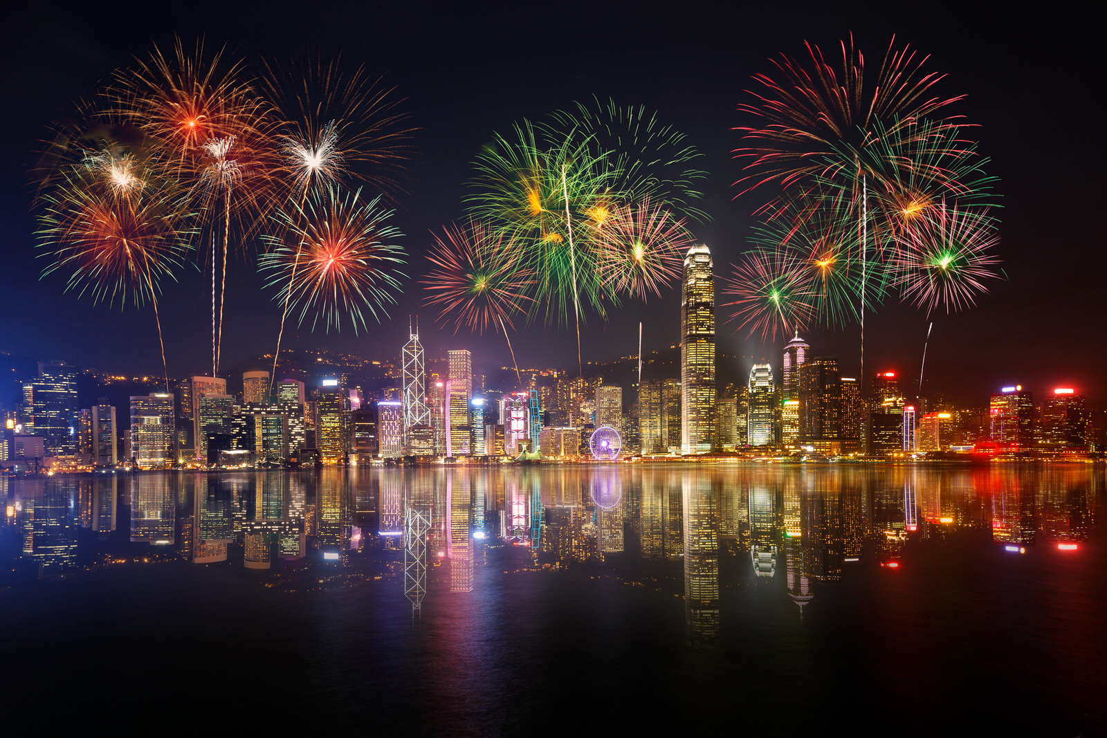 Fireworks light up the night sky above Hong Kong harbour as part of the celebrations for Chinese New Year