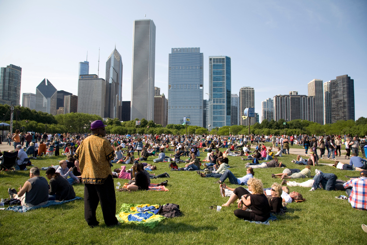 Relaxing among the skysrapers for Chicago's Blues Festival. Image by Charles Cook / Lonely Planet Images / Getty Images 