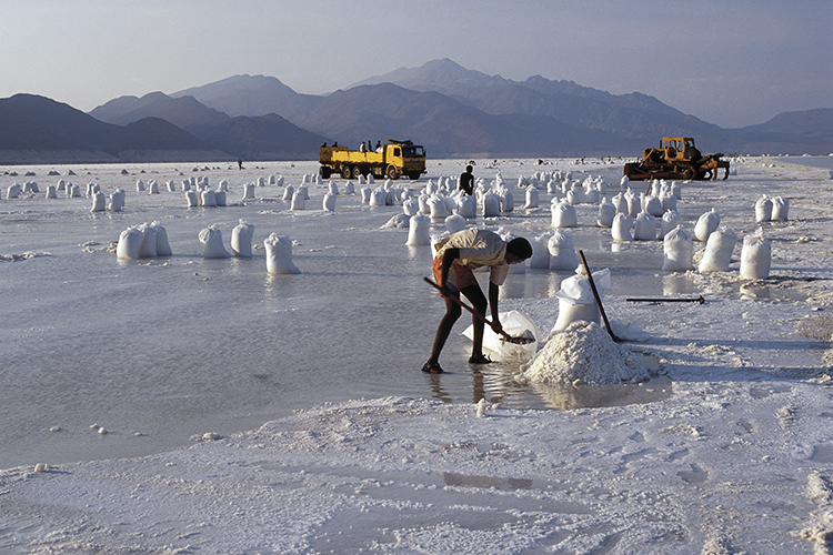 Workers gathering salt from Djibouti's Lac Assal, the lowest spot in Africa. Image by Nigel Pavitt / AWL Images / Getty Images