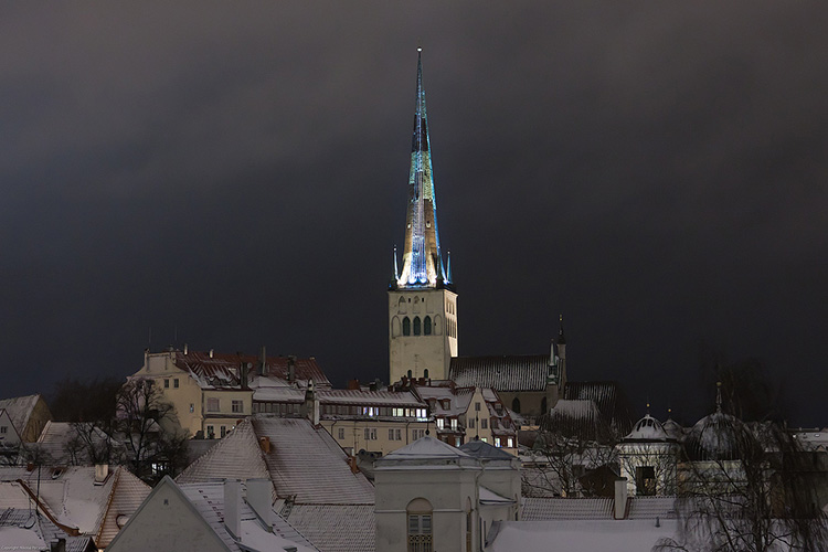 St Olaf’s Church at night in Tallinn by ahenobarbus. CC BY 2.0.