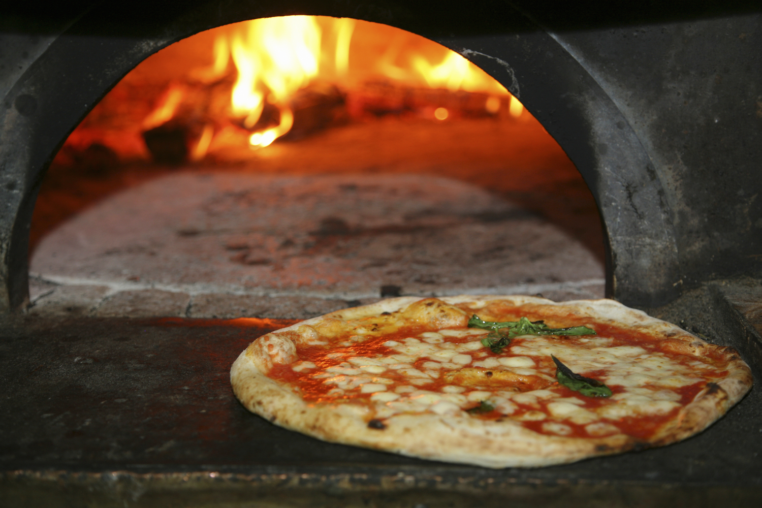 Neapolitan pizza, fresh from the wood-fired oven