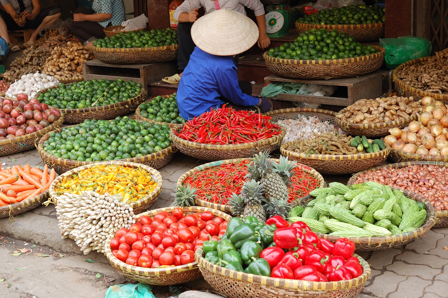 Baskets of produce at a Hanoi market