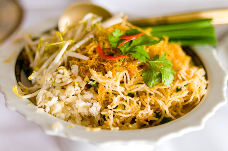 A dish of mee grorp, a dish of crispy fried noodles, as served in Bangkok. Image by Austin Bush