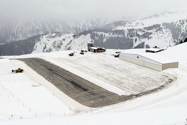 Courchevel Aiport: it's short; it's covered in ice; and it's got a big hill in the middle of the runway. Image from Wikimedia Commons