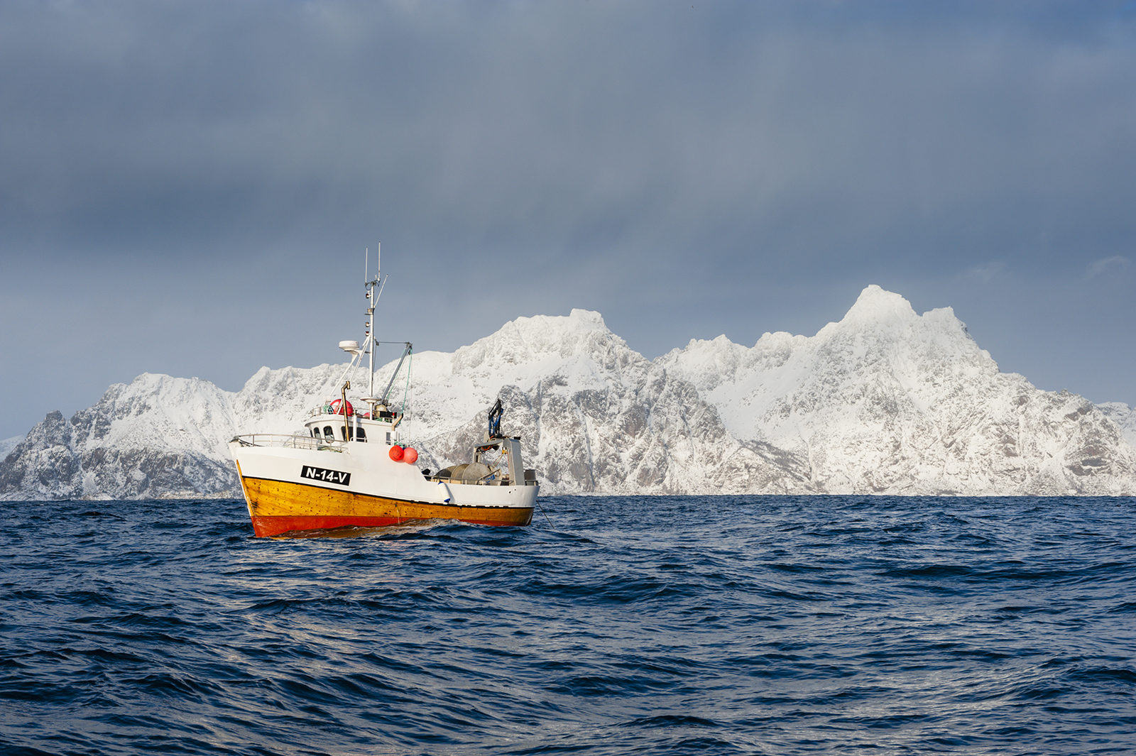 A boat circles near the town of Henningsvær tracking schools of cod on radar