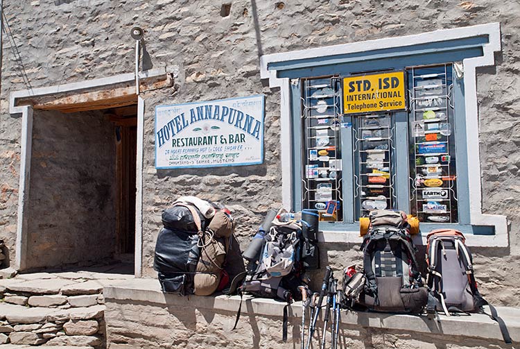 Hotel Annapurna, Samar Village, Upper Mustang, Nepal. Trekkers' packs outside the Hotel Annapurna in Upper Mustang, an ancient Tibetan-like kingdom in Western Nepal. Image by Steve Waters / Lonely Planet