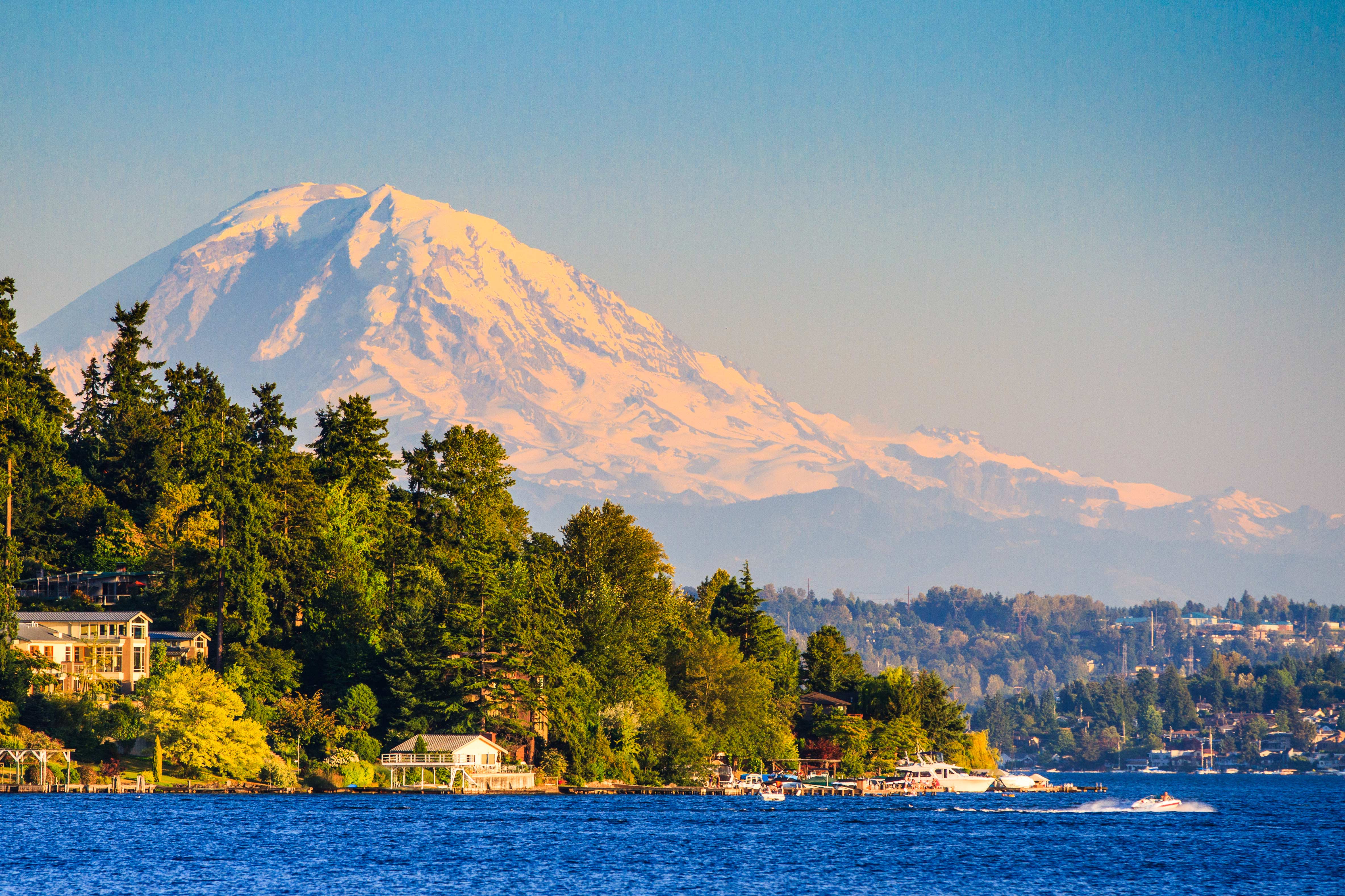 Mt Rainier and Lake Washington at sunset. Image by Feng Wei Photography / Movement / Getty