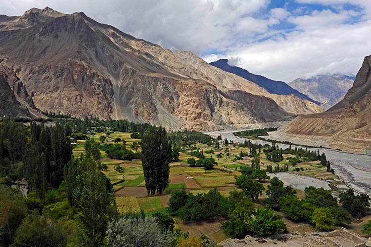 Turtok village's fields and orchards occupy a shelf of land above the Shyok River which winds downstream towards Baltistan in Pakistan. Image by Amar Grover / Lonely Planet.