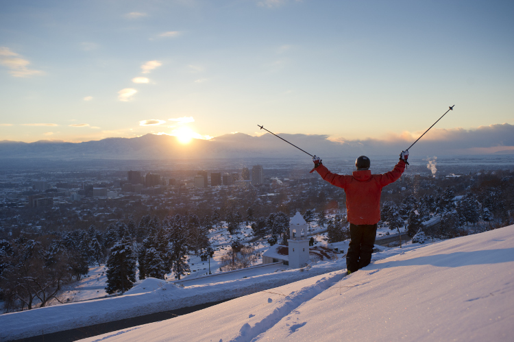 Skiing with a view of Salt Lake City. Image by Scott Markewitz / Photographer's Choice RF / Getty