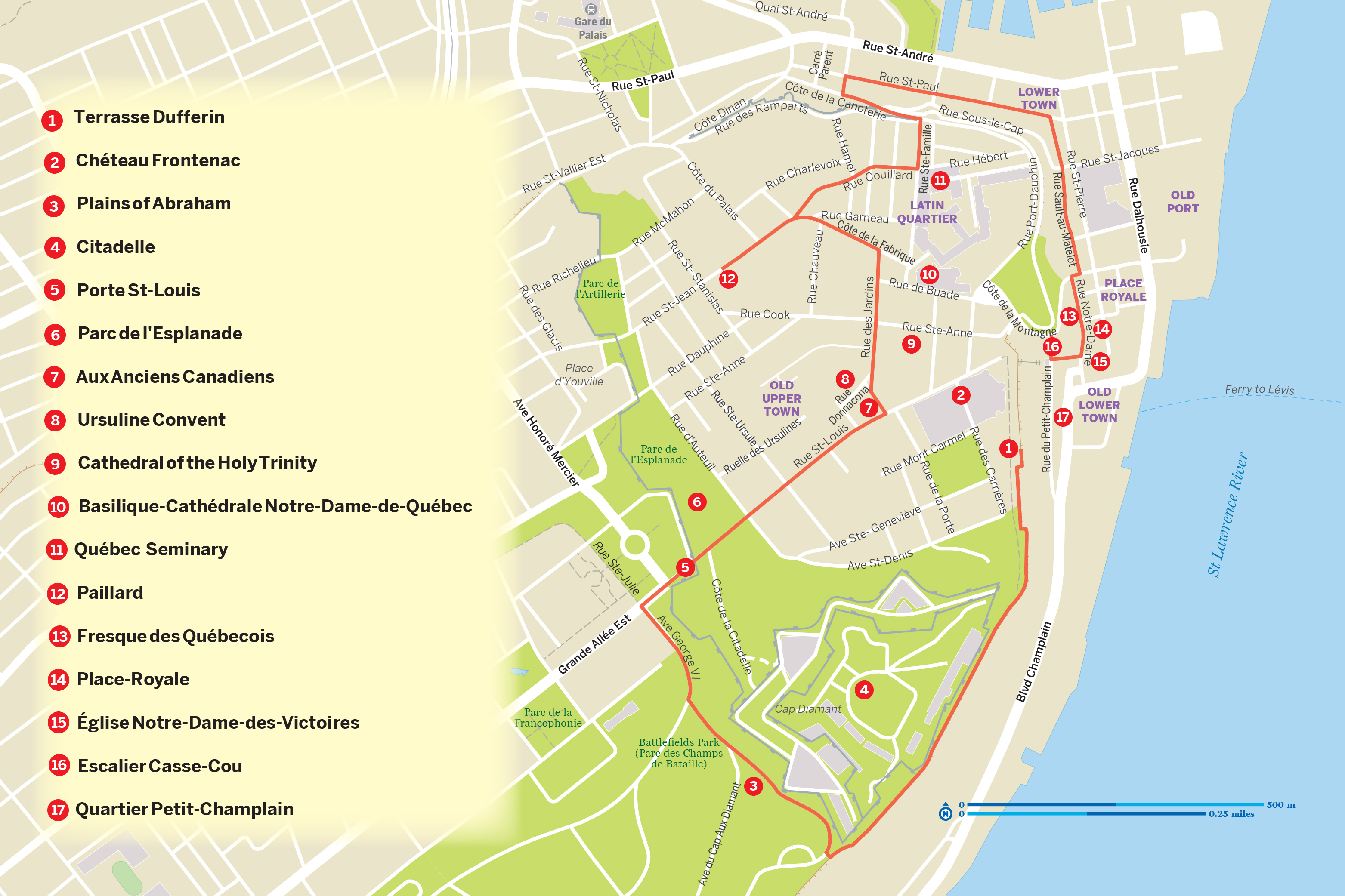 Follow our route to see Quebec City's historical charms. Cartography by Mark Griffiths / Lonely Planet