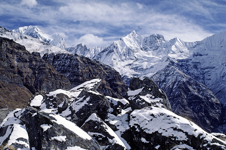 The snowy peaks of the Himalayas.