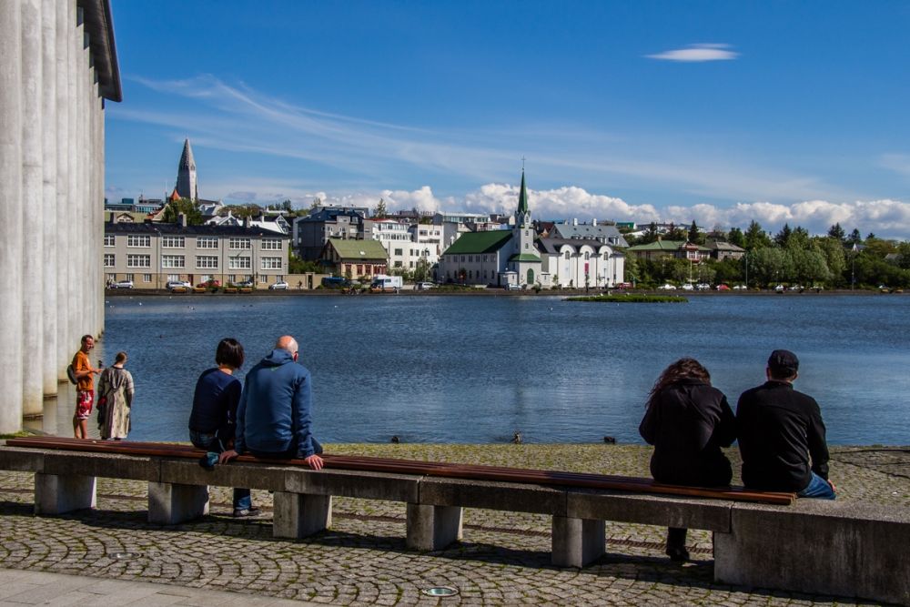 Reykjavik pond seen from City Hall on a sunny day