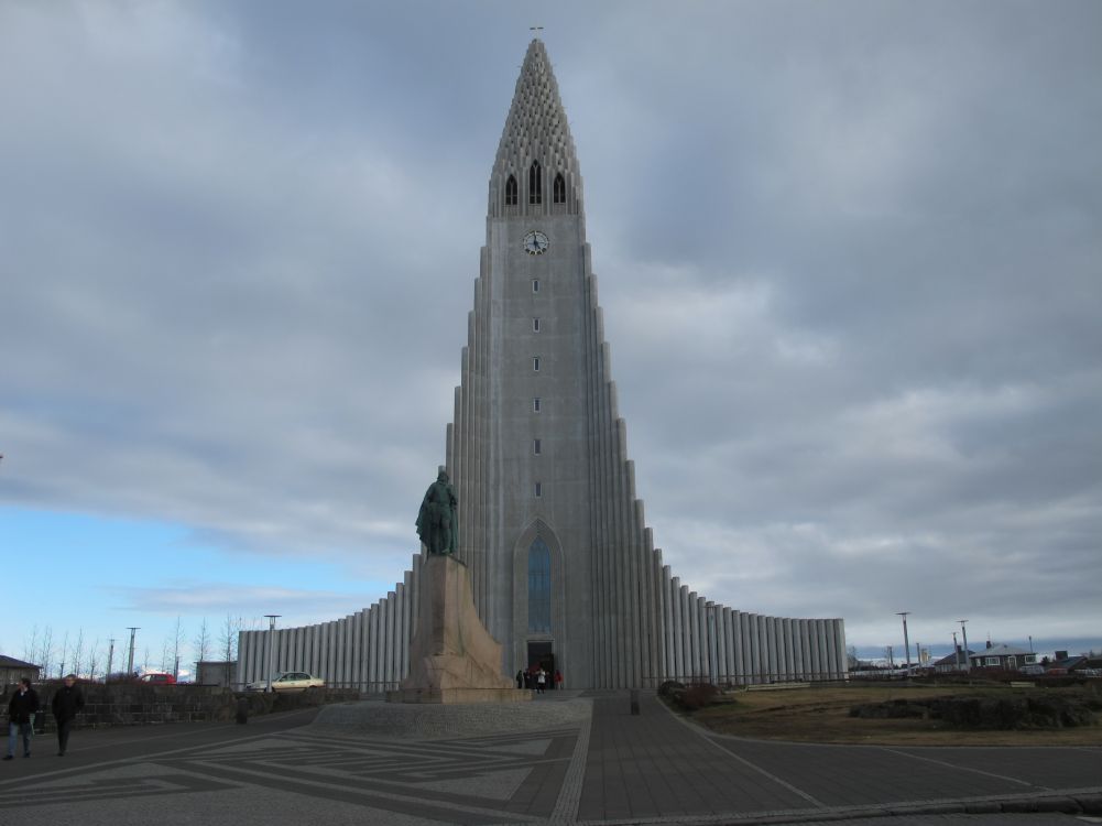 The statue of Leif "The Lucky" Ericsson in front of Hallgrímskirkja belltower